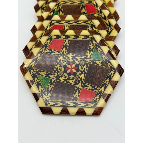 Vtg Japanese Wooden Yosegi-Zaiku Hexagonal 7 PC Drink Coasters Serveware - Picture 2 of 7
